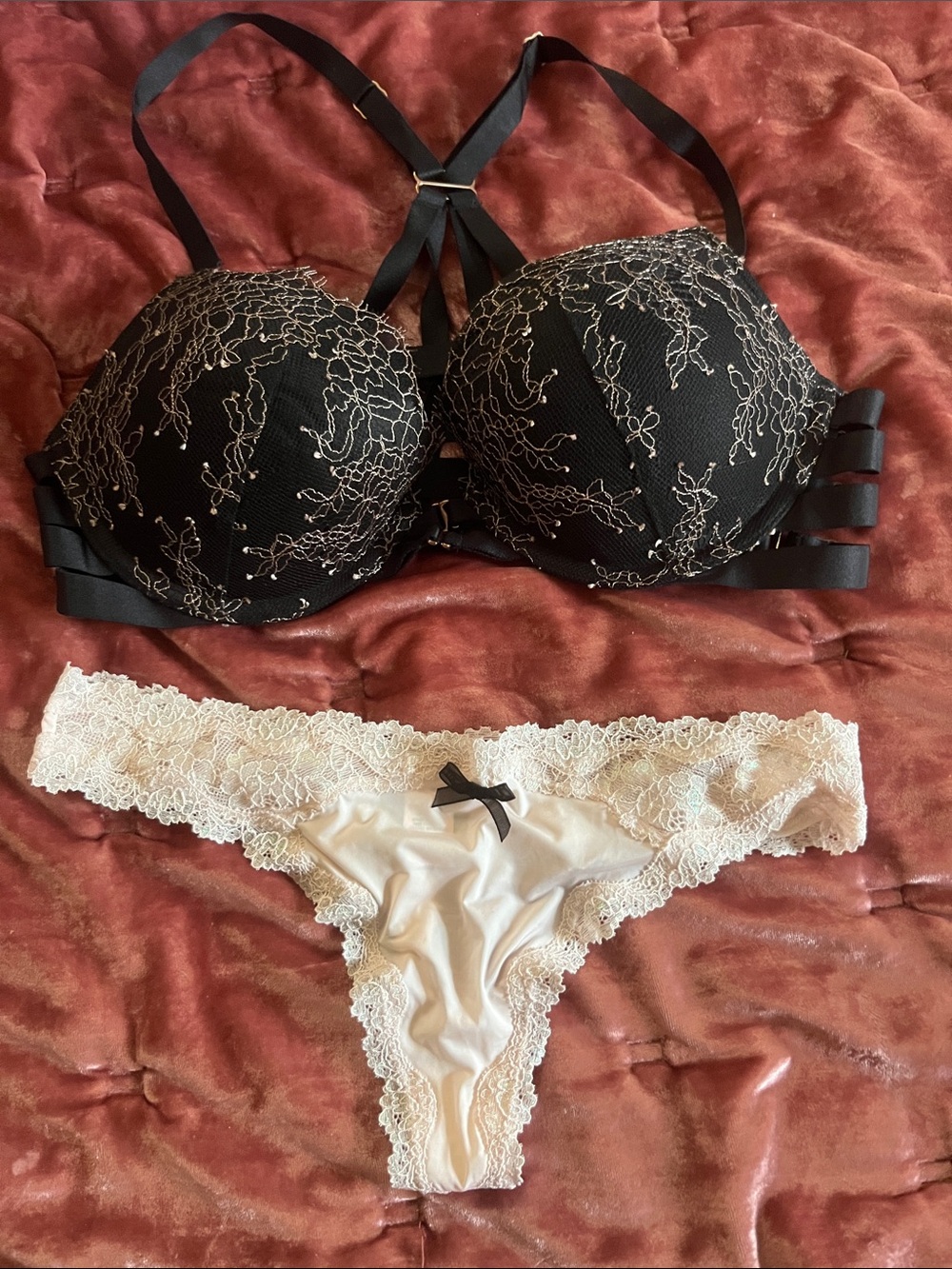 Victoria's Secret Black Embroidered Bra with Cream Lace Thong